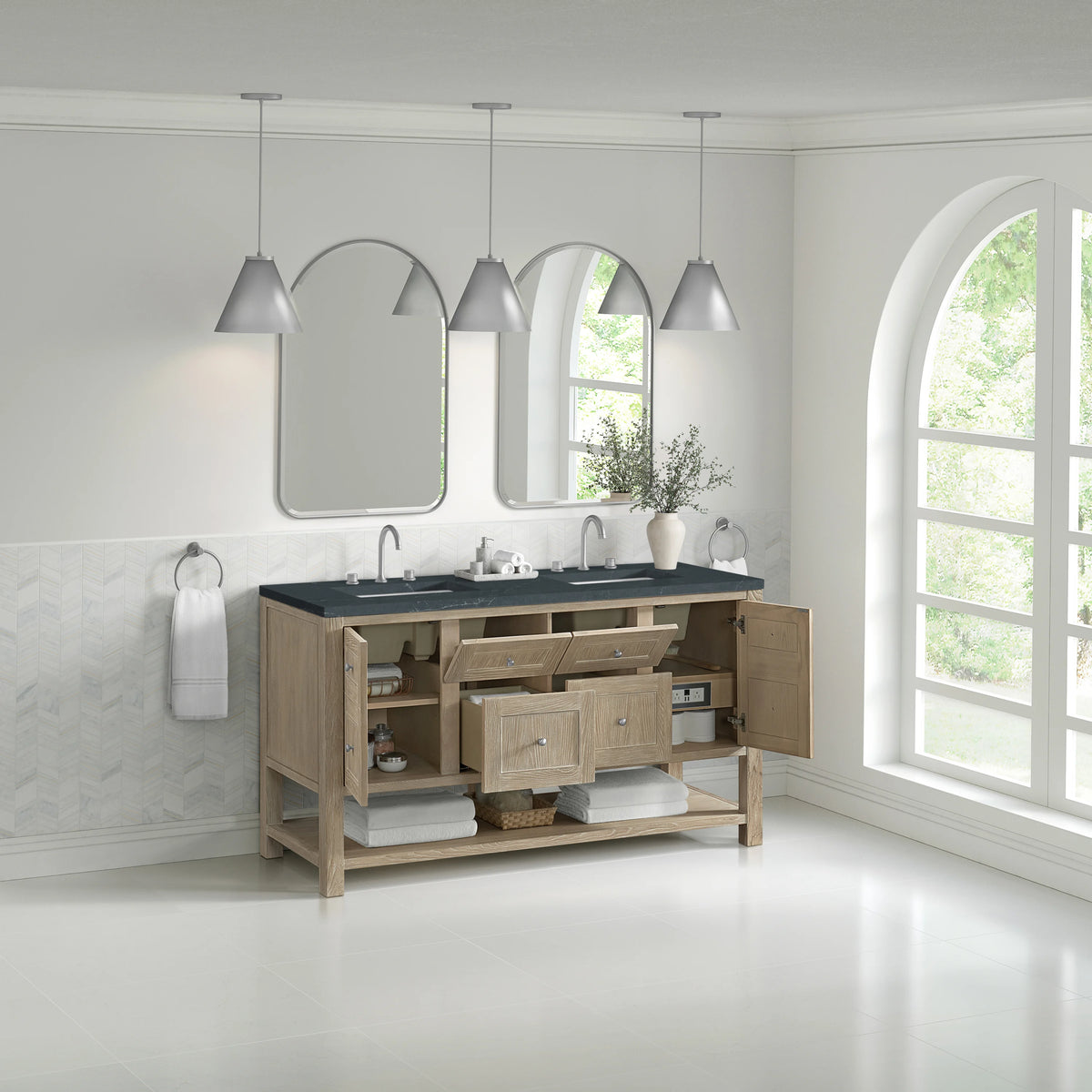 Breckenridge 60" Double Vanity, Whitewashed Oak, w/ 3 CM Charcoal Soapstone Quartz Top, view 5
