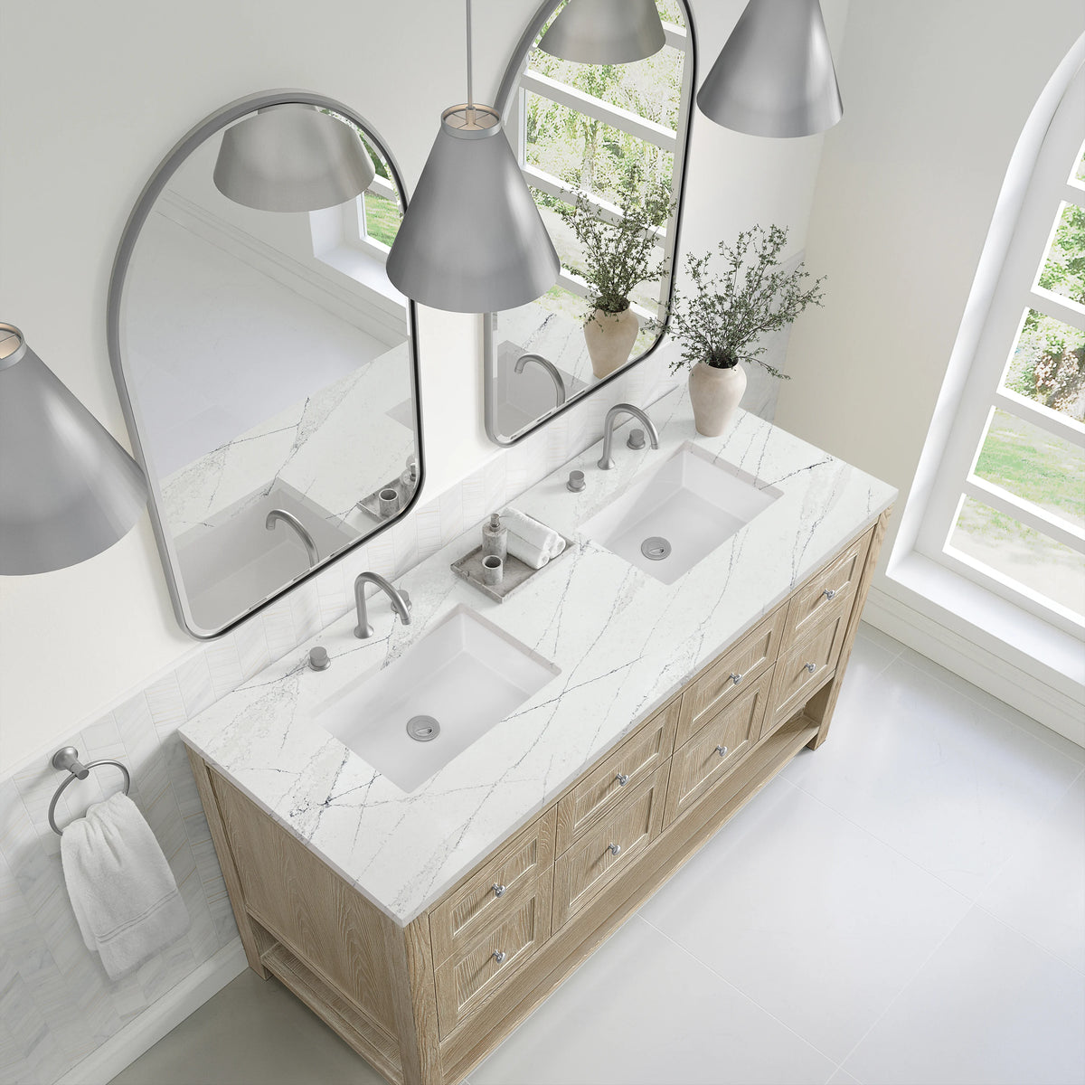 Breckenridge 60" Double Vanity, Whitewashed Oak, w/ 3 CM Ethereal Noctis Quartz Top, view 7