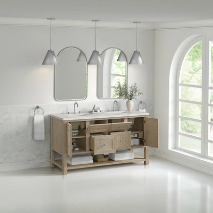 Breckenridge 60" Double Vanity, Whitewashed Oak, w/ 3 CM Lime Delight Quartz Top, view 5