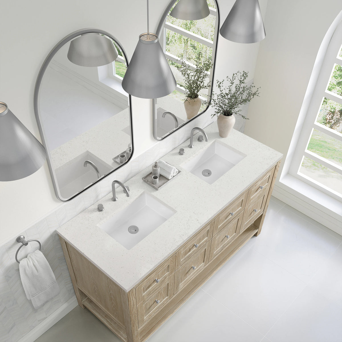 Breckenridge 60" Double Vanity, Whitewashed Oak, w/ 3 CM Lime Delight Quartz Top, view 7