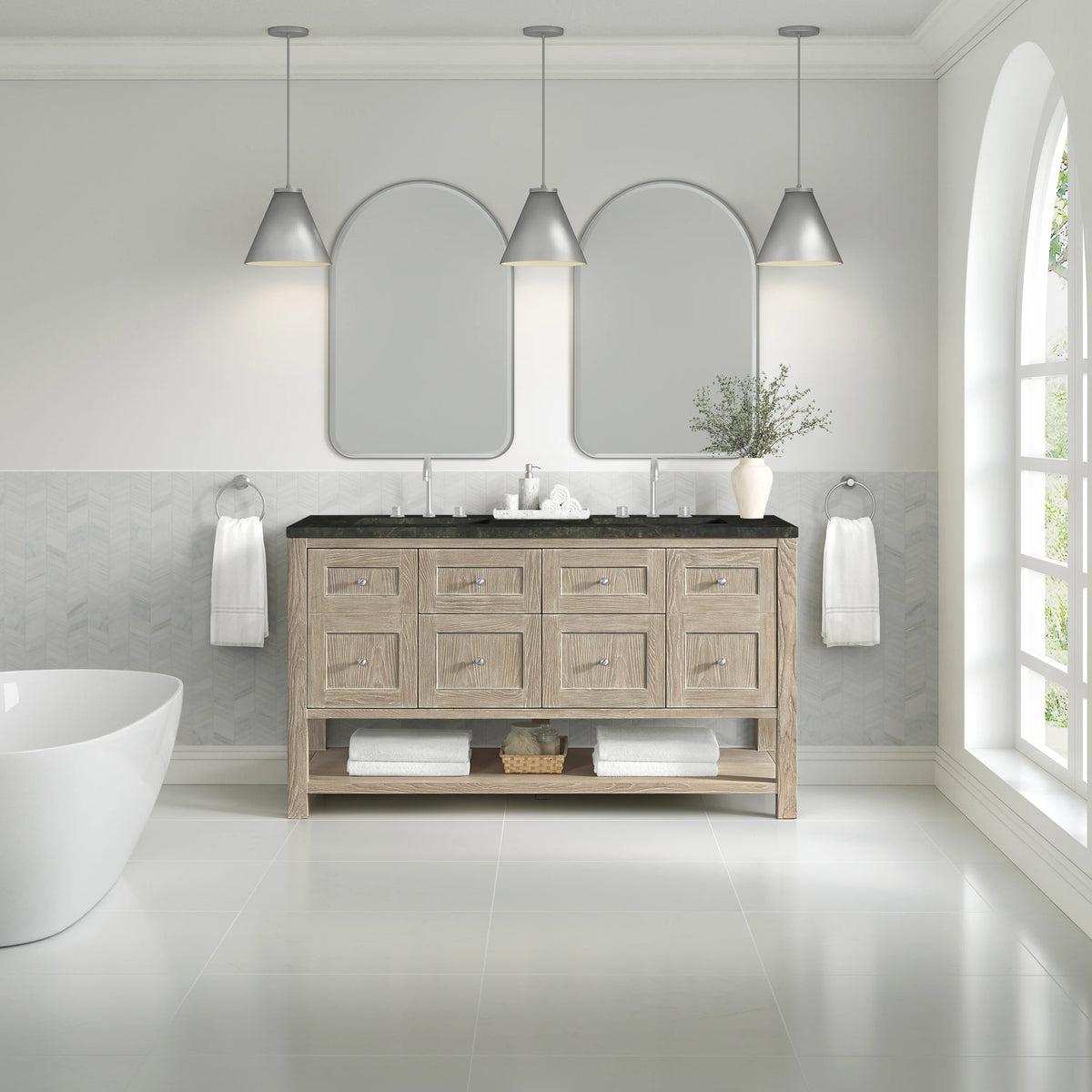 Breckenridge 60" Double Vanity, Whitewashed Oak, w/ 3 CM Phantome Eclos Top, view 3