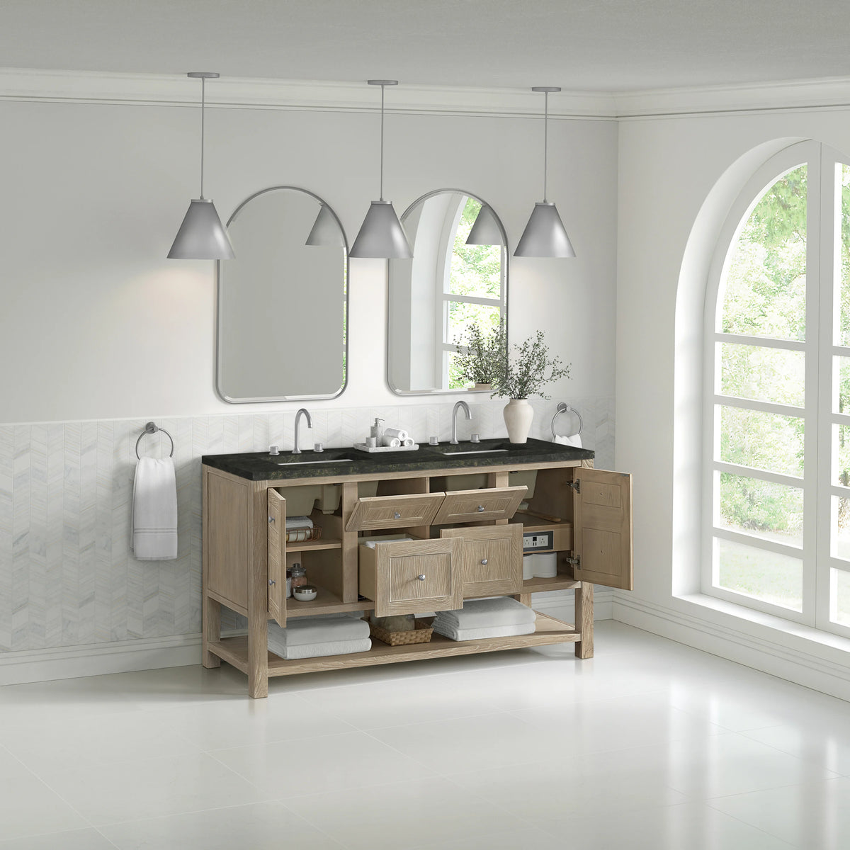 Breckenridge 60" Double Vanity, Whitewashed Oak, w/ 3 CM Phantome Eclos Top, view 5