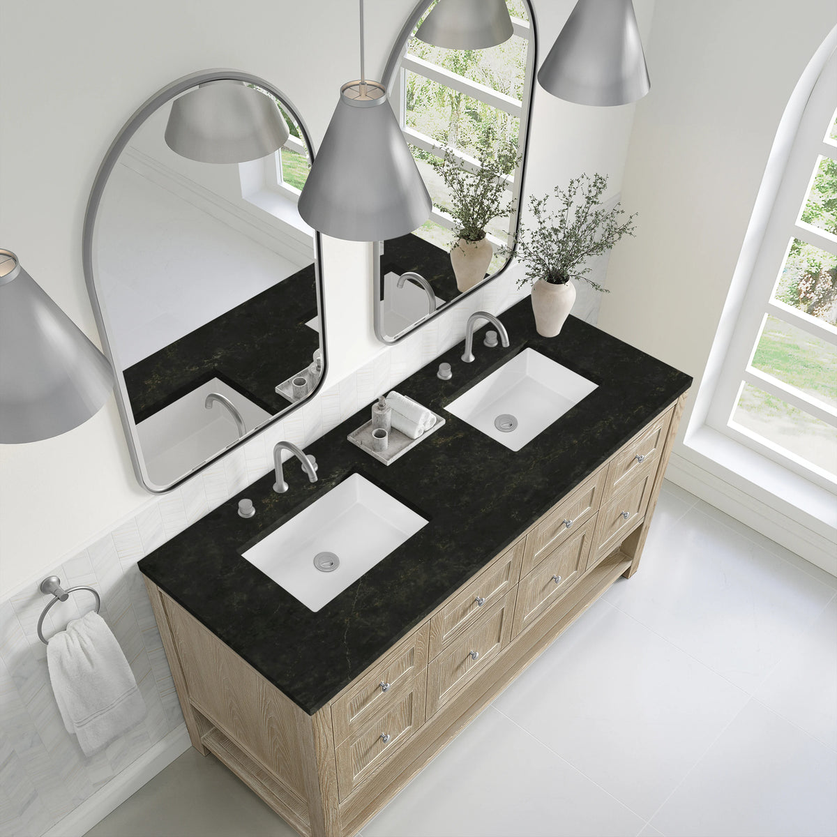 Breckenridge 60" Double Vanity, Whitewashed Oak, w/ 3 CM Phantome Eclos Top, view 7