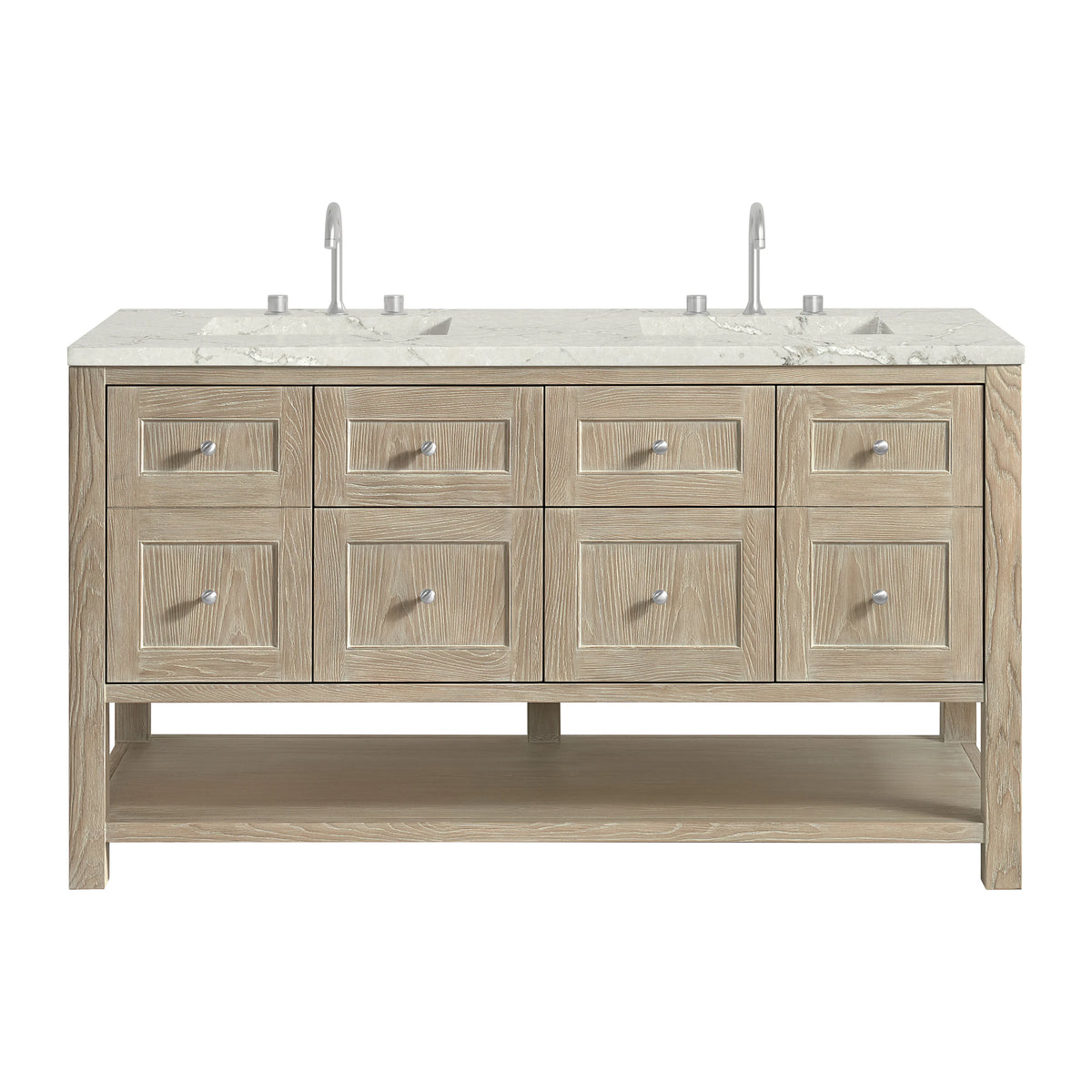 Breckenridge 60" Double Vanity, Whitewashed Oak, w/ 3 CM Victorian Silver Quartz Top
