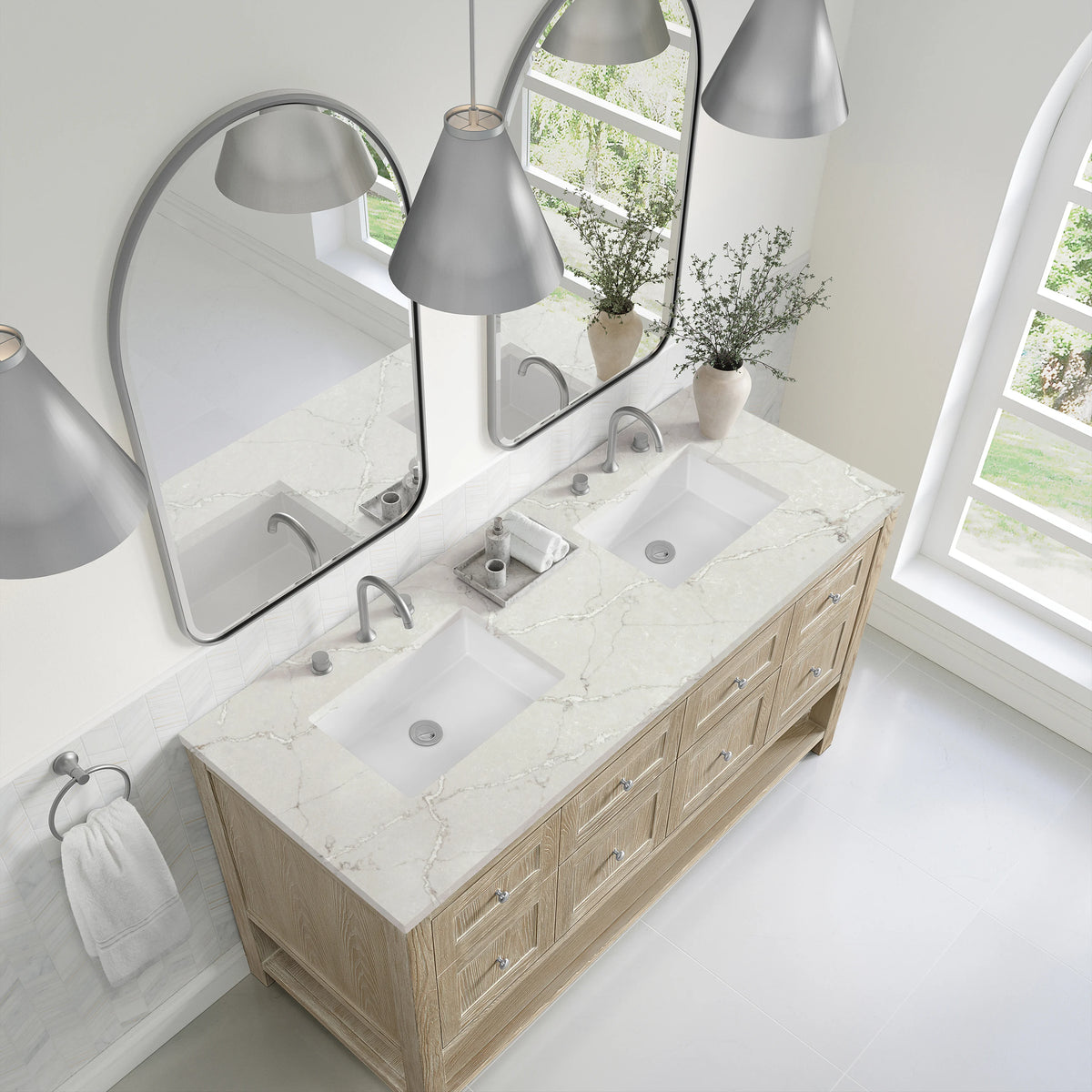 Breckenridge 60" Double Vanity, Whitewashed Oak, w/ 3 CM Victorian Silver Quartz Top, view 7