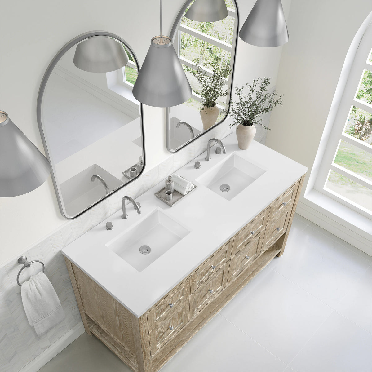 Breckenridge 60" Double Vanity, Whitewashed Oak, w/ 3 CM White Zeus Quartz Top, view 7