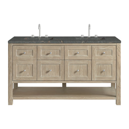 Breckenridge 60" Double Vanity, Whitewashed Oak w/ 3 CM Parisien Bleu Top w/FreePower Wireless Charger