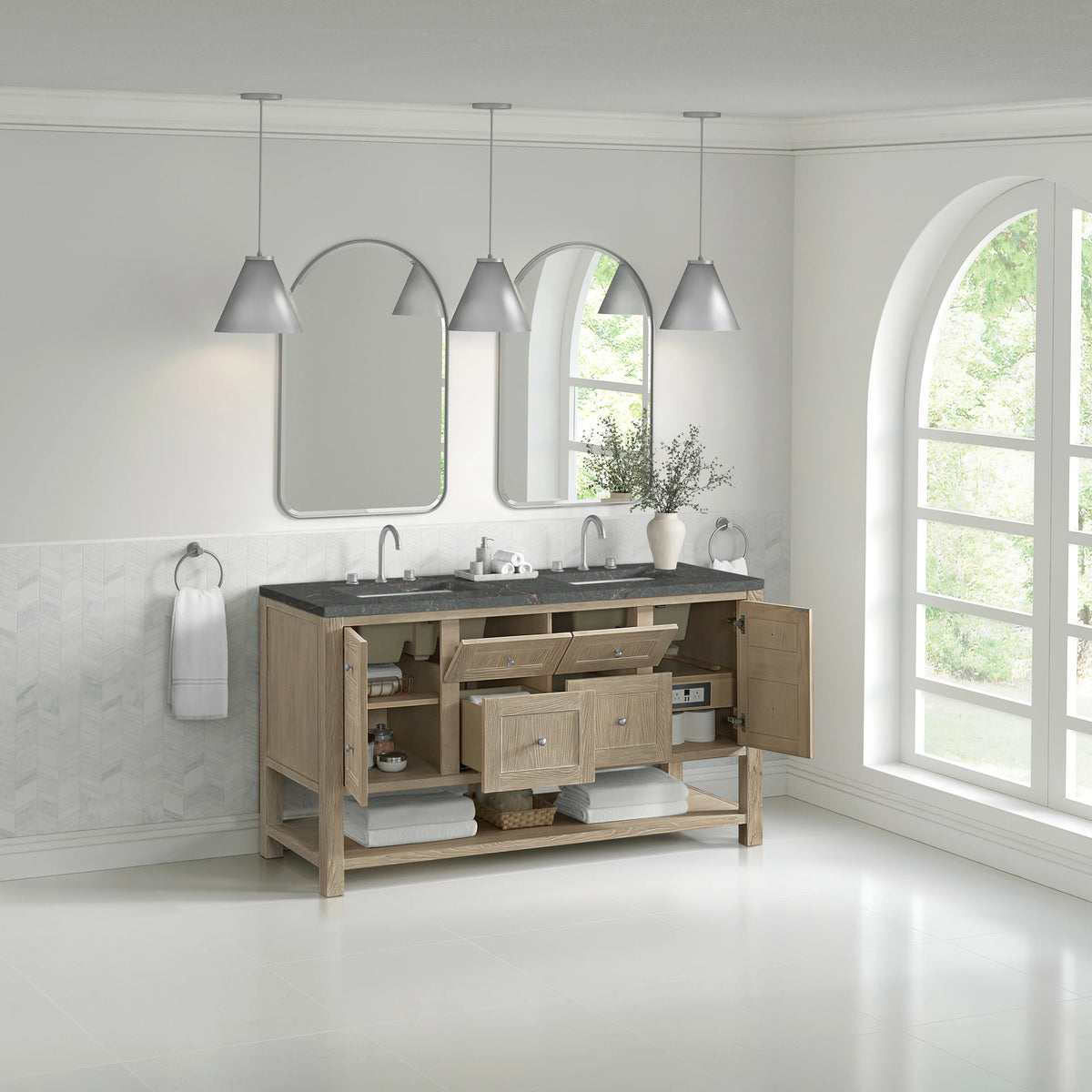 Breckenridge 60" Double Vanity, Whitewashed Oak w/ 3 CM Parisien Bleu Top w/FreePower Wireless Charger, view 8