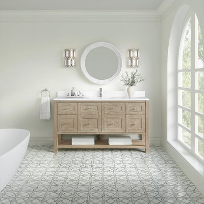Breckenridge 60" Single Vanity, Whitewashed Oak, w/ Single Hole 3 CM White Zeus Quartz Top & Backsplash, view 3