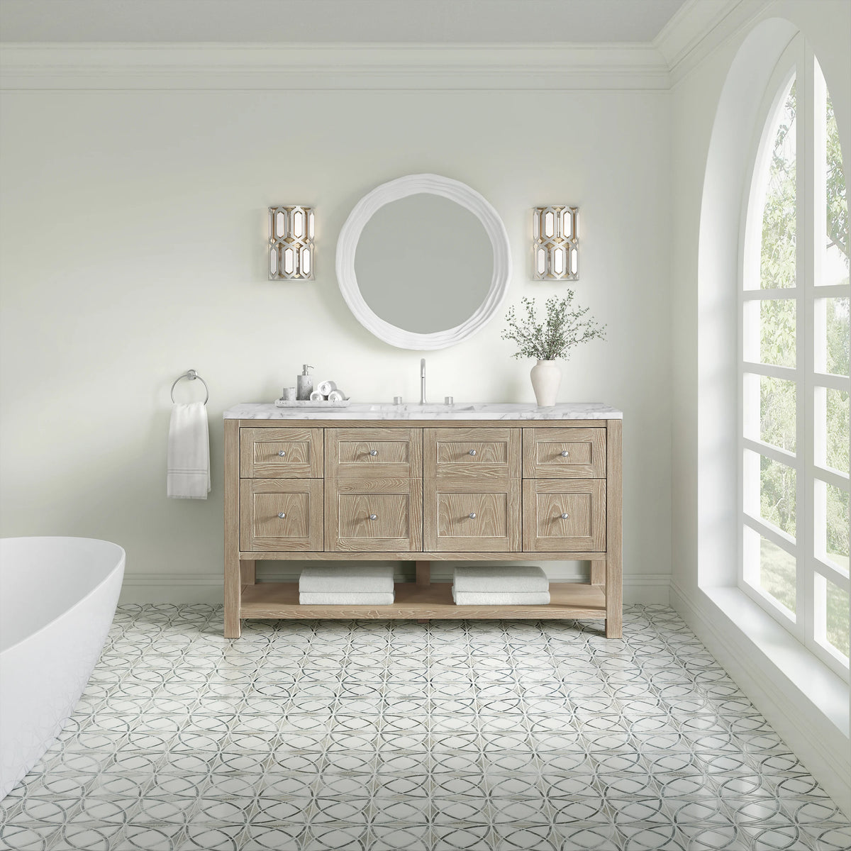 Breckenridge 60" Single Vanity, Whitewashed Oak, w/ 3 CM Carrara Marble Top, view 3