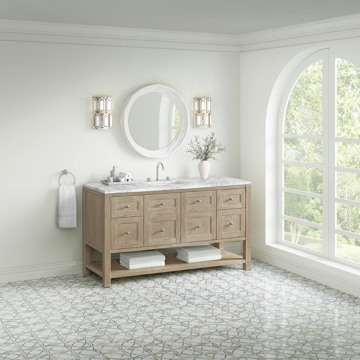Breckenridge 60" Single Vanity, Whitewashed Oak, w/ 3 CM Carrara Marble Top, view 4
