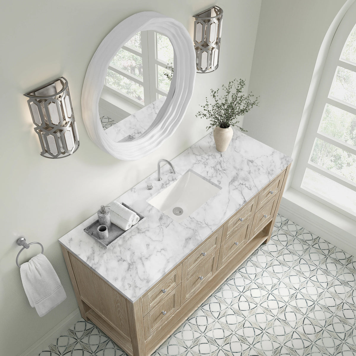 Breckenridge 60" Single Vanity, Whitewashed Oak, w/ 3 CM Carrara Marble Top, view 7