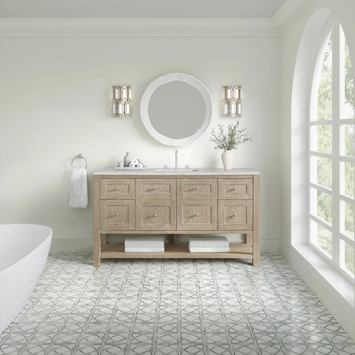 Breckenridge 60" Single Vanity, Whitewashed Oak, w/ 3 CM Eternal Jasmine Pearl Quartz Top, view 3