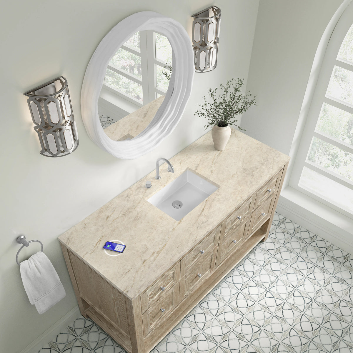Breckenridge 60" Single Vanity, Whitewashed Oak, w/ 3 CM Tajnar Eclos Top w/FreePower Wireless Charger, view 9