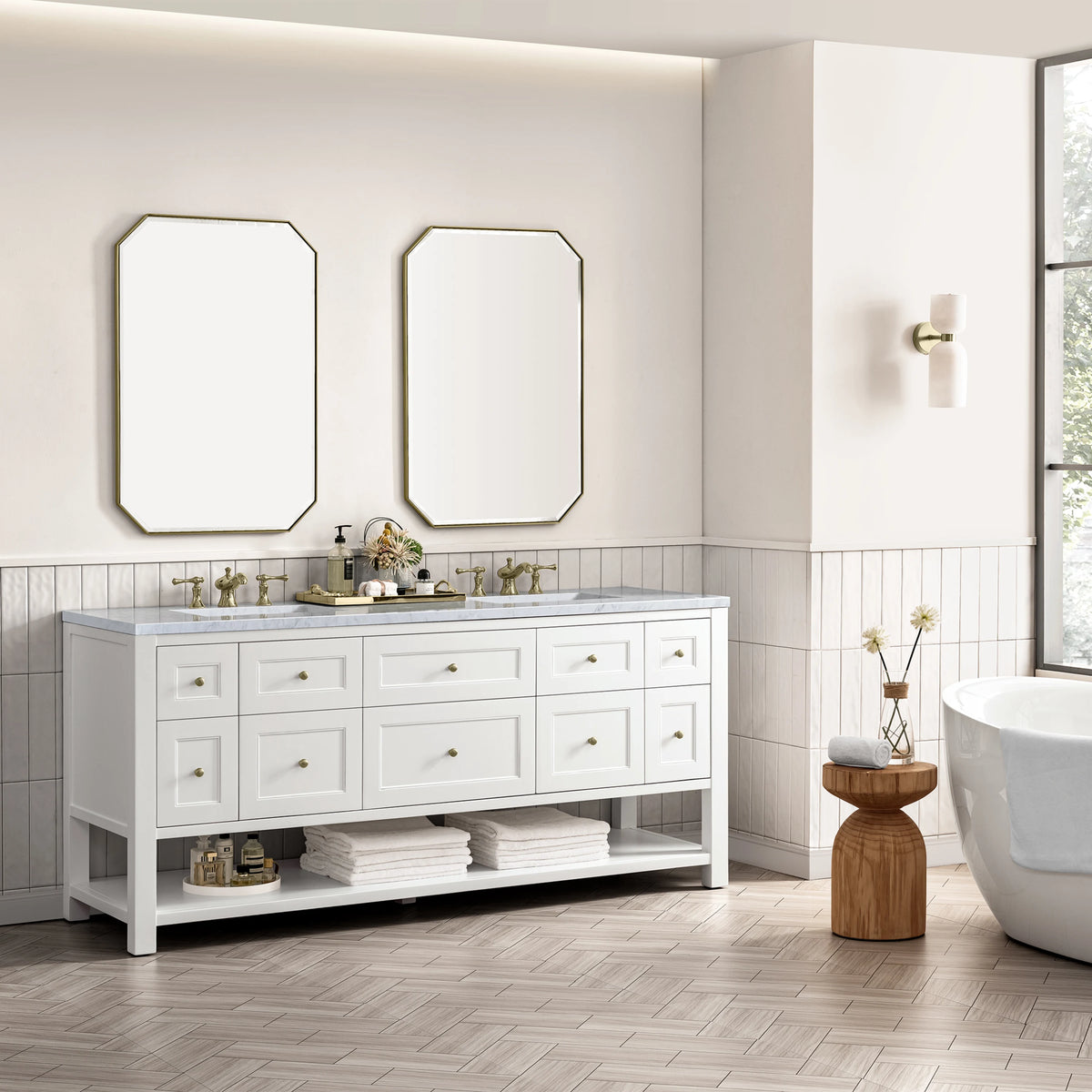 Breckenridge 72" Double Vanity, Bright White w/ 3 CM Carrara Marble Top, view 4