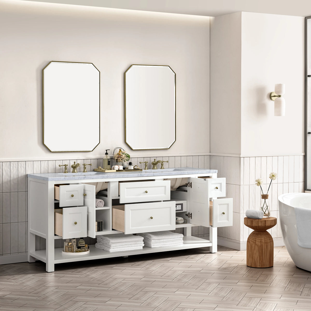 Breckenridge 72" Double Vanity, Bright White w/ 3 CM Carrara Marble Top, view 5