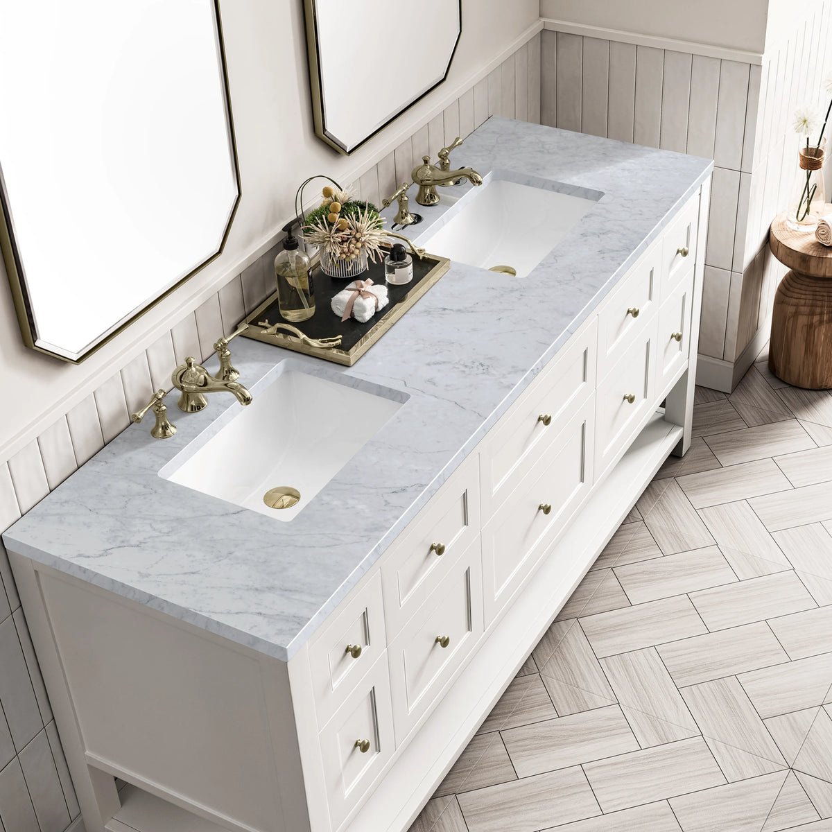 Breckenridge 72" Double Vanity, Bright White w/ 3 CM Carrara Marble Top, view 7