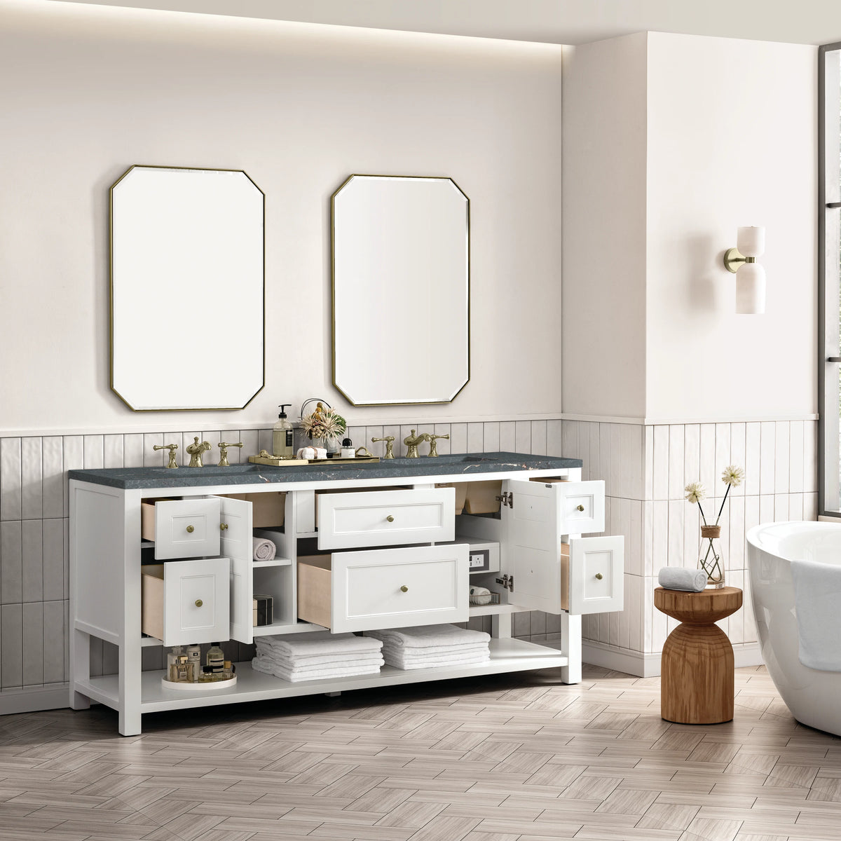 Breckenridge 72" Double Vanity, Bright White w/ 3 CM Parisien Bleu Top, view 5
