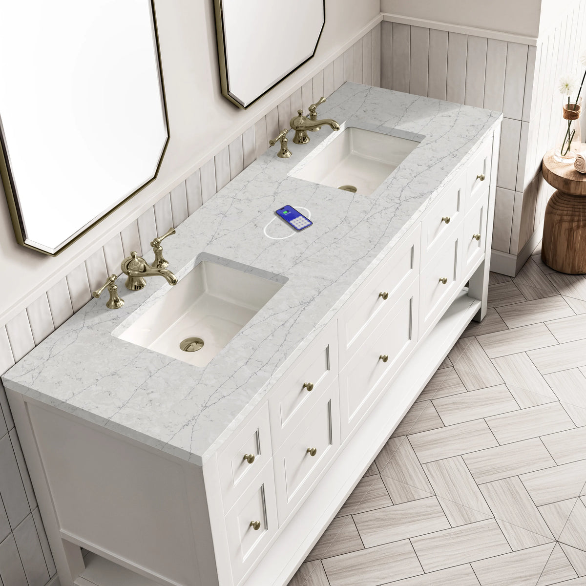Breckenridge 72" Double Vanity, Bright White w/ 3 CM Eternal Jasmine Pearl Top w/FreePower Wireless Charger, view 7