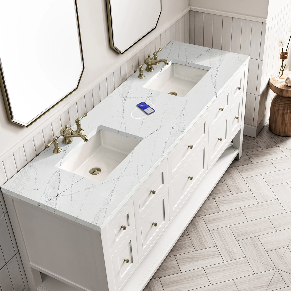 Breckenridge 72" Double Vanity, Bright White w/ 3 CM Ethereal Noctis Top w/FreePower Wireless Charger, view 11