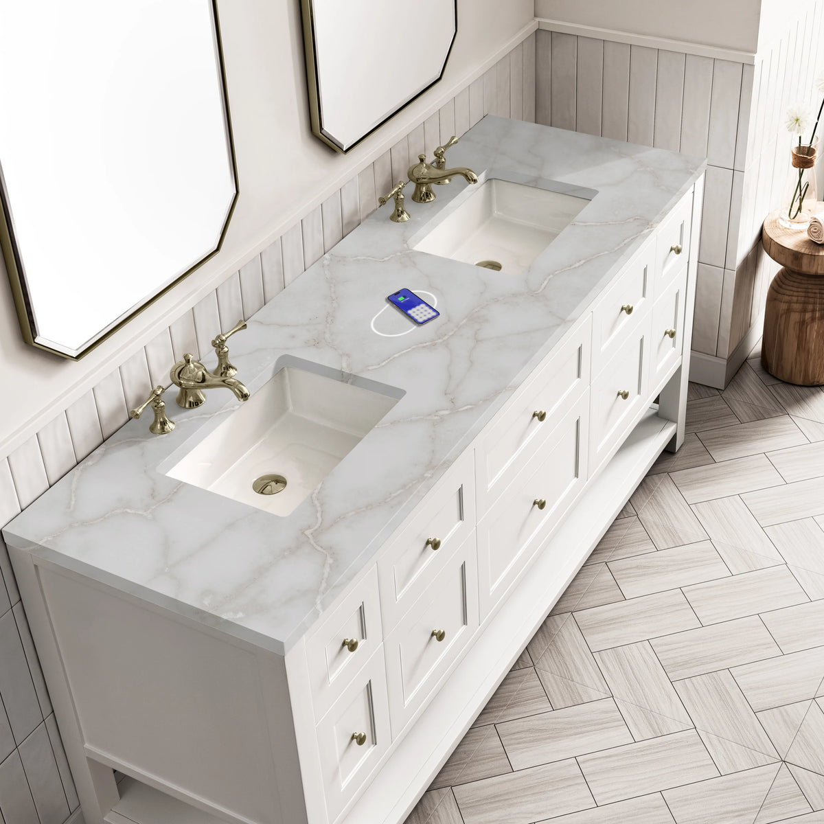 Breckenridge 72" Double Vanity, Bright White w/ 3 CM Victorian Silver Top w/FreePower Wireless Charger, view 10