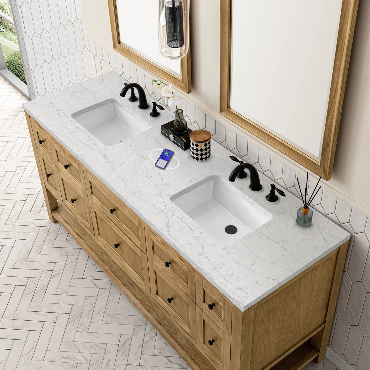 Breckenridge 72" Double Vanity, Light Natural Oak w/ 3 CM Eternal Jasmine Pearl Top w/FreePower Wireless Charg, view 11