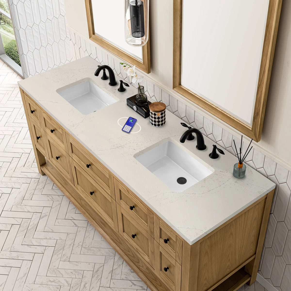 Breckenridge 72" Double Vanity, Light Natural Oak, w/ 3 CM Siberian Silestone Top w/FreePower Wireless Charger, view 9