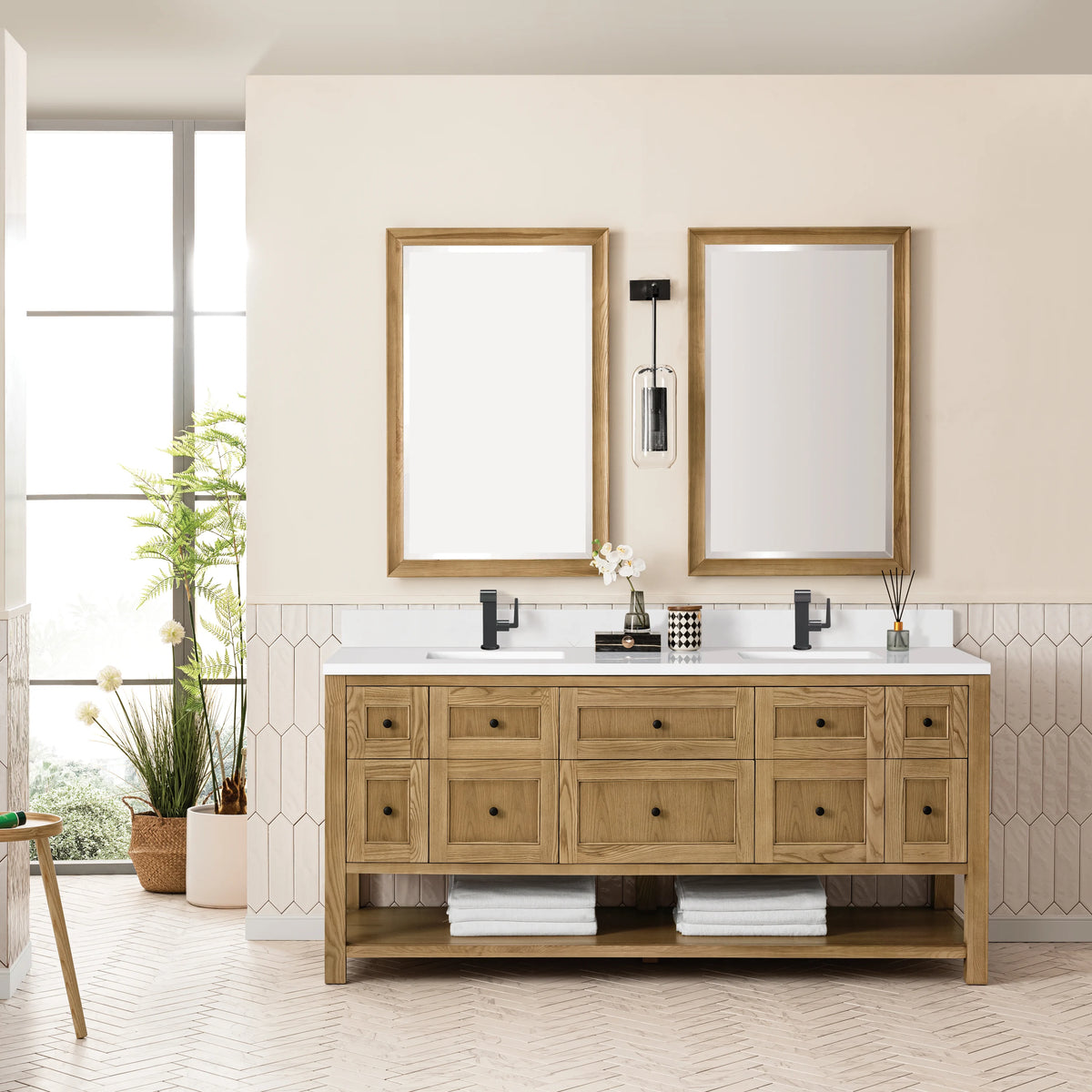 Breckenridge 72" Double Vanity, Light Natural Oak w/ Single Hole 3 CM White Zeus Top & Backsplash, view 3