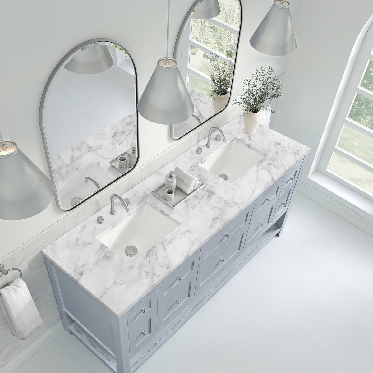 Breckenridge 72" Double Vanity, Serenity Blue, w/ 3 CM Carrara Marble Top, view 7