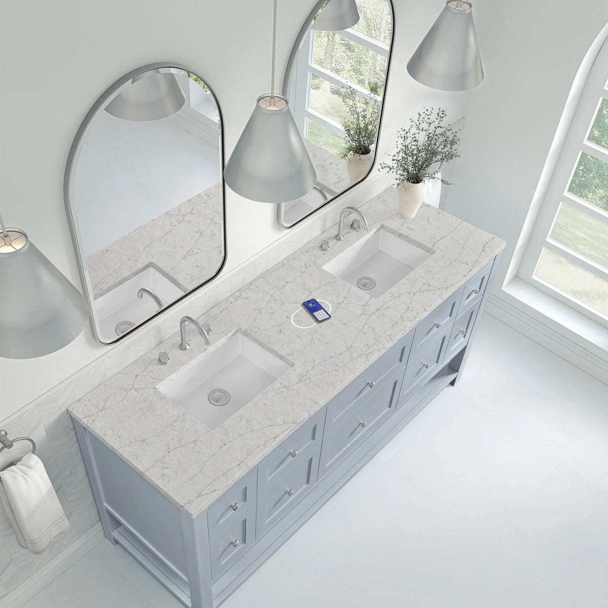 Breckenridge 72" Double Vanity, Serenity Blue, w/ 3 CM Eternal Jasmine Pearl Quartz Top w/FreePower Wireless C, view 10