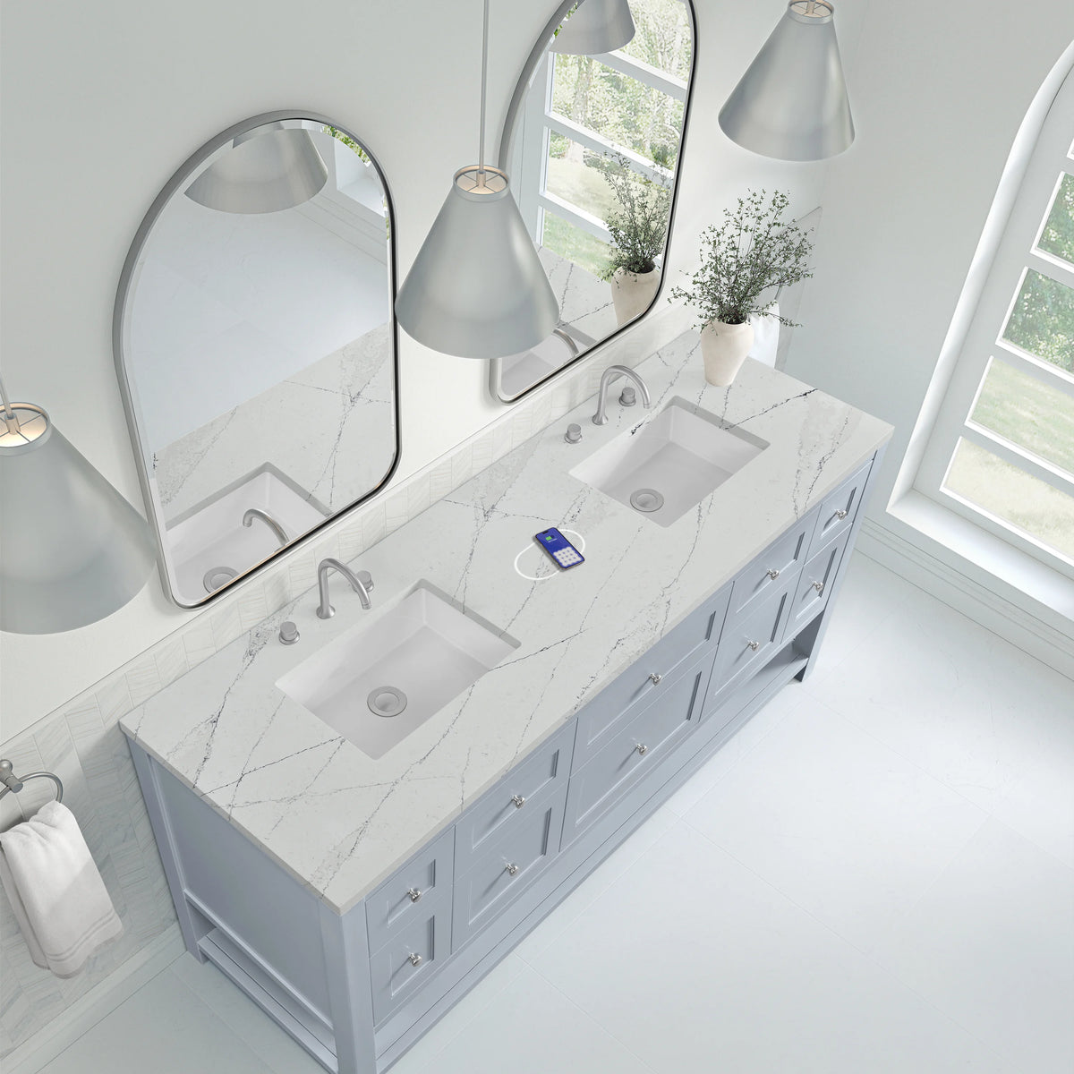 Breckenridge 72" Double Vanity, Serenity Blue, w/ 3 CM Ethereal Noctis Quartz Top w/FreePower Wireless Charger, view 10