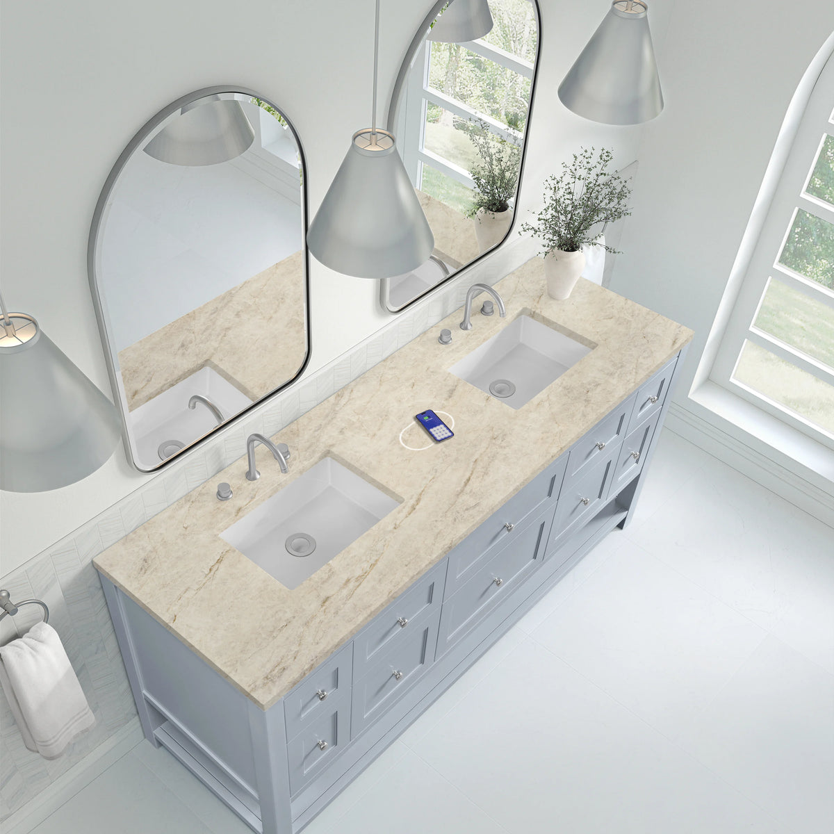 Breckenridge 72" Double Vanity, Serenity Blue, w/ 3 CM Tajnar Eclos Top w/FreePower Wireless Charger, view 9