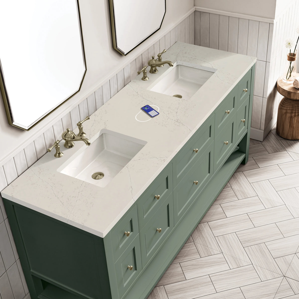 Breckenridge 72" Double Vanity, Smokey Celadon, w/ 3 CM Siberian Silestone Top w/FreePower Wireless Charger, view 9