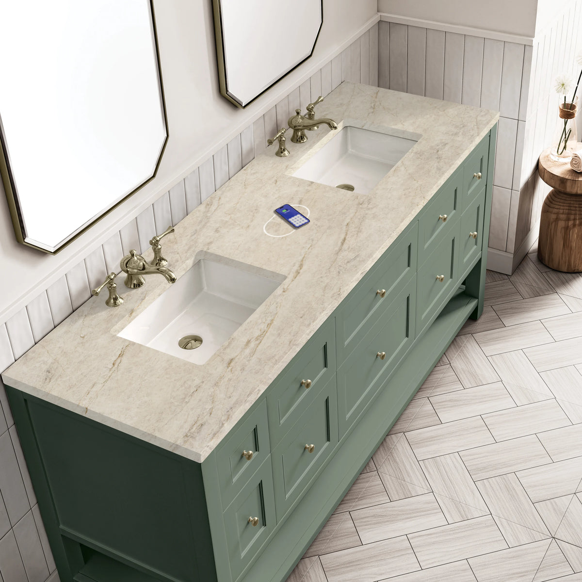 Breckenridge 72" Double Vanity, Smokey Celadon, w/ 3 CM Tajnar Eclos Top w/FreePower Wireless Charger, view 9