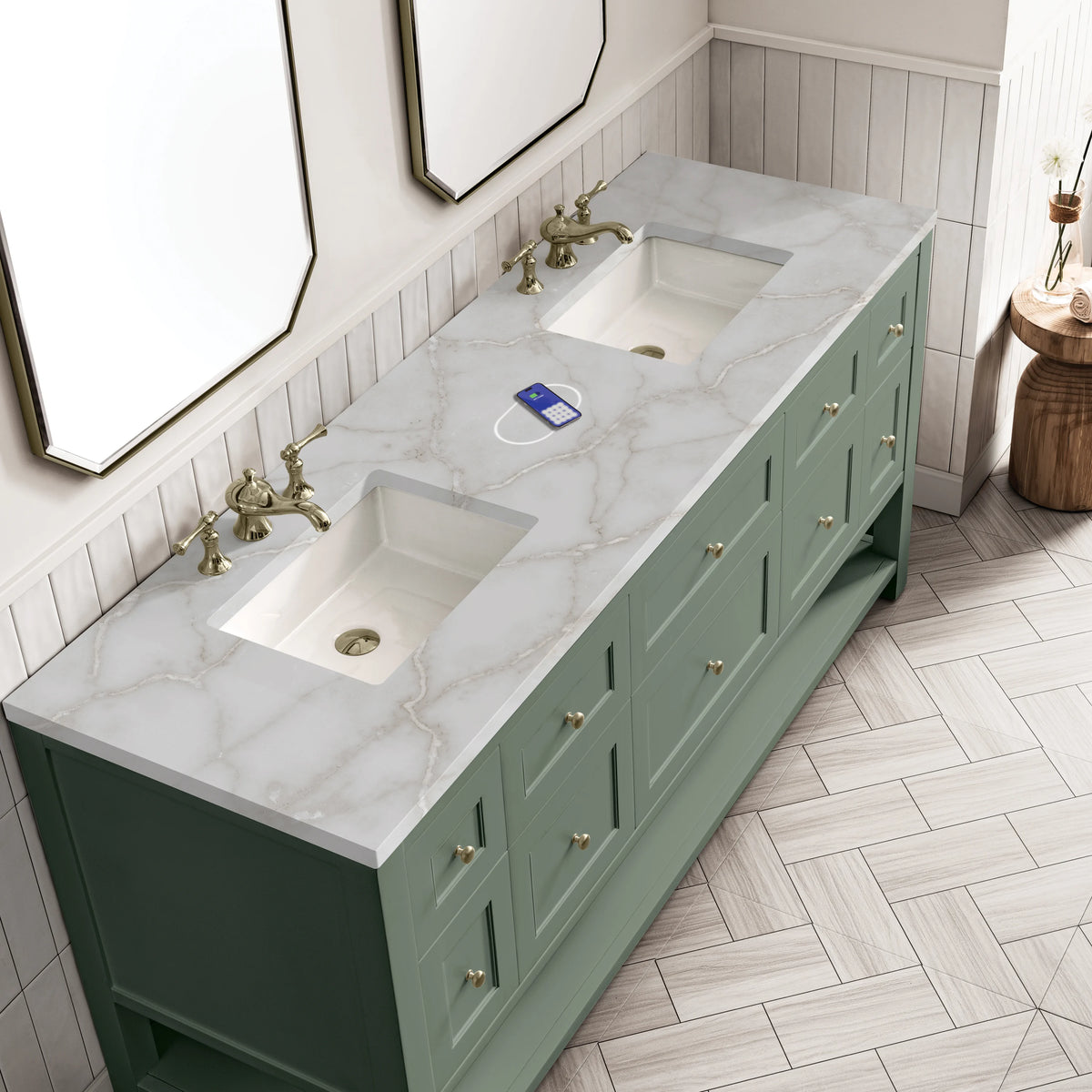 Breckenridge 72" Double Vanity, Smokey Celadon w/ 3 CM Victorian Silver Top w/FreePower Wireless Charger, view 10