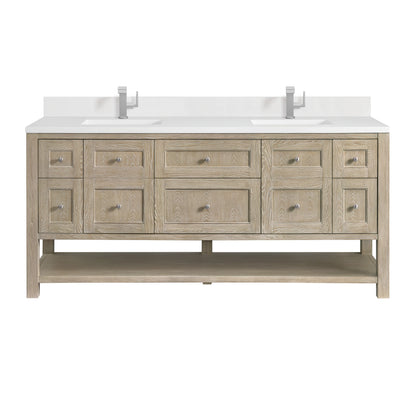 Breckenridge 72" Double Vanity, Whitewashed Oak w/ Single Hole 3 CM White Zeus Silestone Top & Backsplash