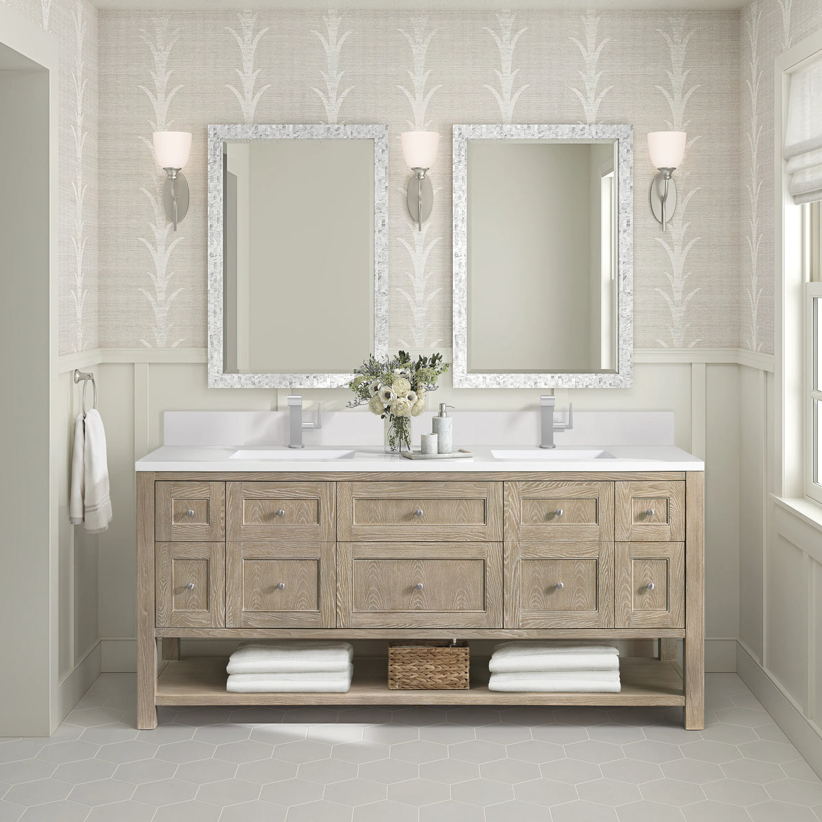 Breckenridge 72" Double Vanity, Whitewashed Oak w/ Single Hole 3 CM White Zeus Silestone Top & Backsplash, view 3