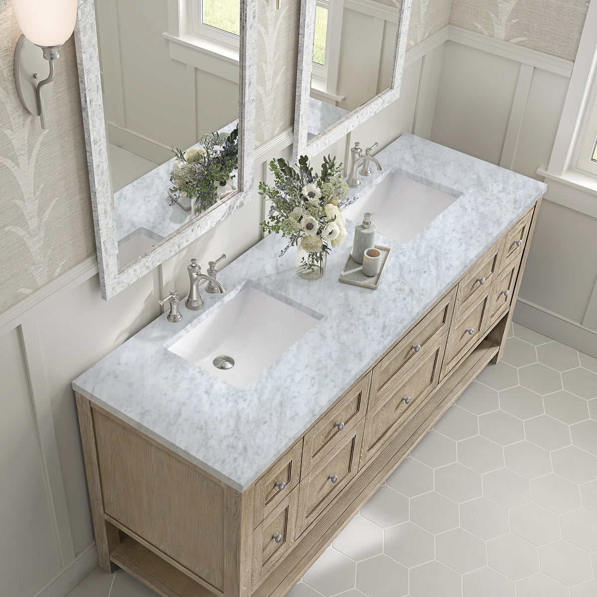 Breckenridge 72" Double Vanity, Whitewashed Oak w/ 3 CM Carrara White Marble Top, view 7