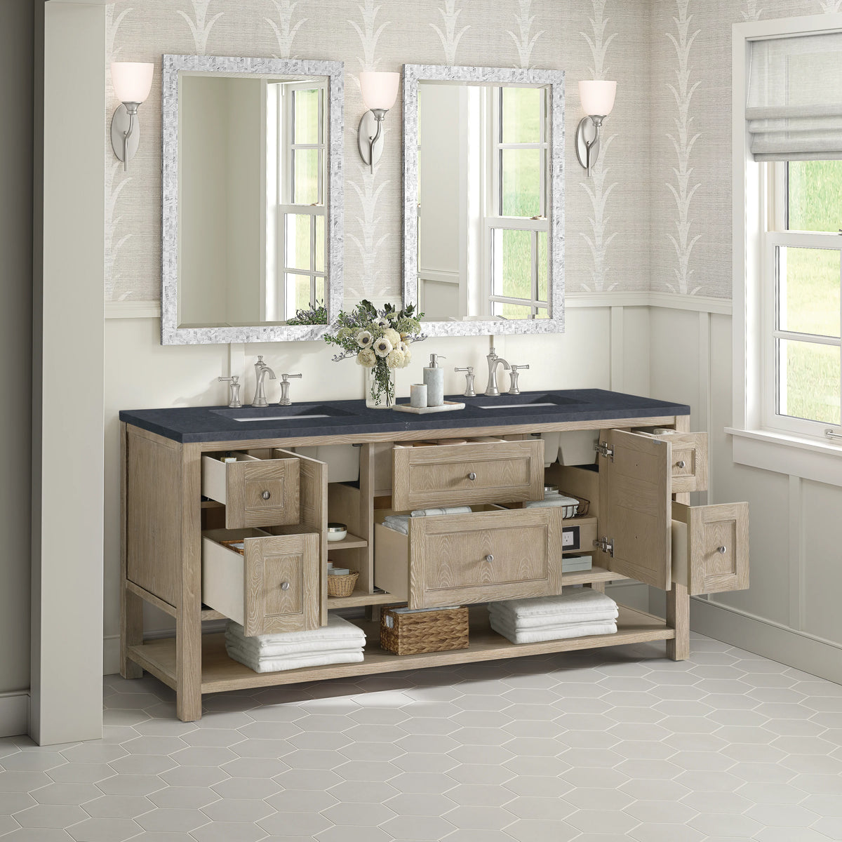 Breckenridge 72" Double Vanity, Whitewashed Oak w/ 3 CM Charcoal Soapstone Silestone Top, view 5