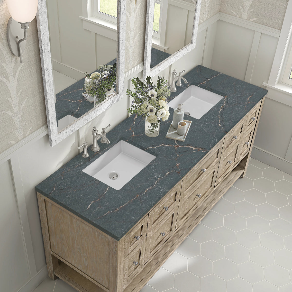 Breckenridge 72" Double Vanity, Whitewashed Oak w/ 3 CM Parisien Bleu Silestone Top, view 7