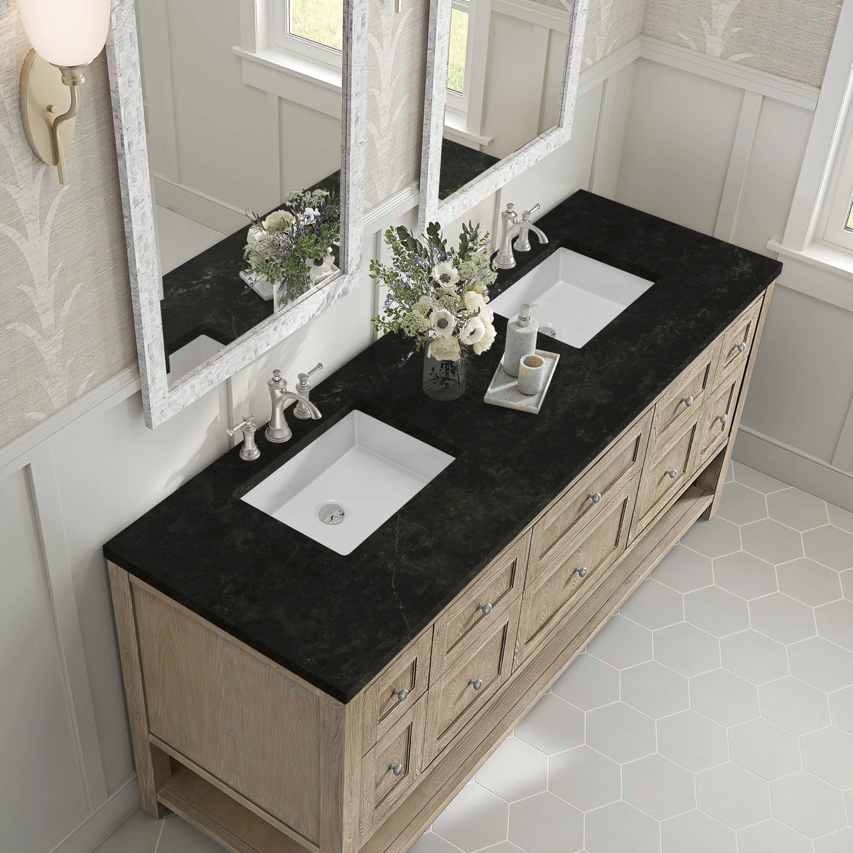 Breckenridge 72" Double Vanity, Whitewashed Oak, w/ 3 CM Phantome Eclos Top, view 7