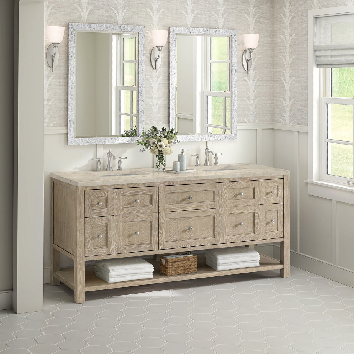 Breckenridge 72" Double Vanity, Whitewashed Oak, w/ 3 CM Tajnar Eclos Top, view 4