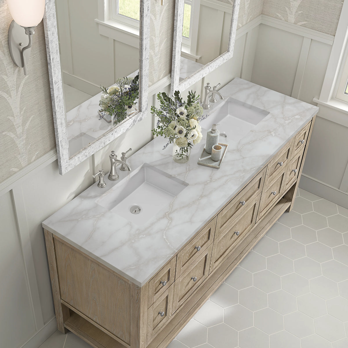 Breckenridge 72" Double Vanity, Whitewashed Oak w/ 3 CM Victorian Silver Silestone Top, view 7