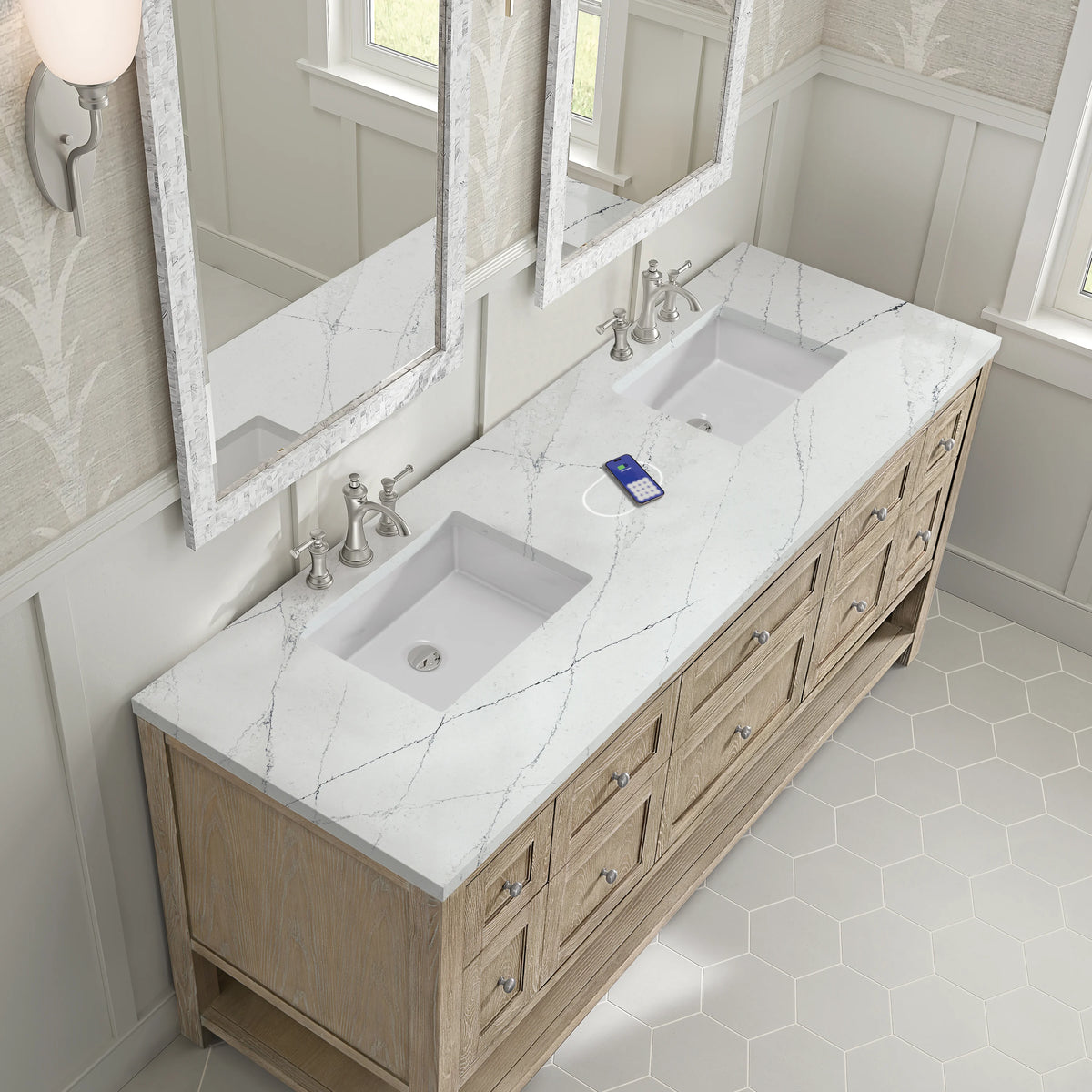 Breckenridge 72" Double Vanity, Whitewashed Oak w/ 3 CM Ethereal Noctis Silestone Top w/FreePower Wireless Cha, view 10