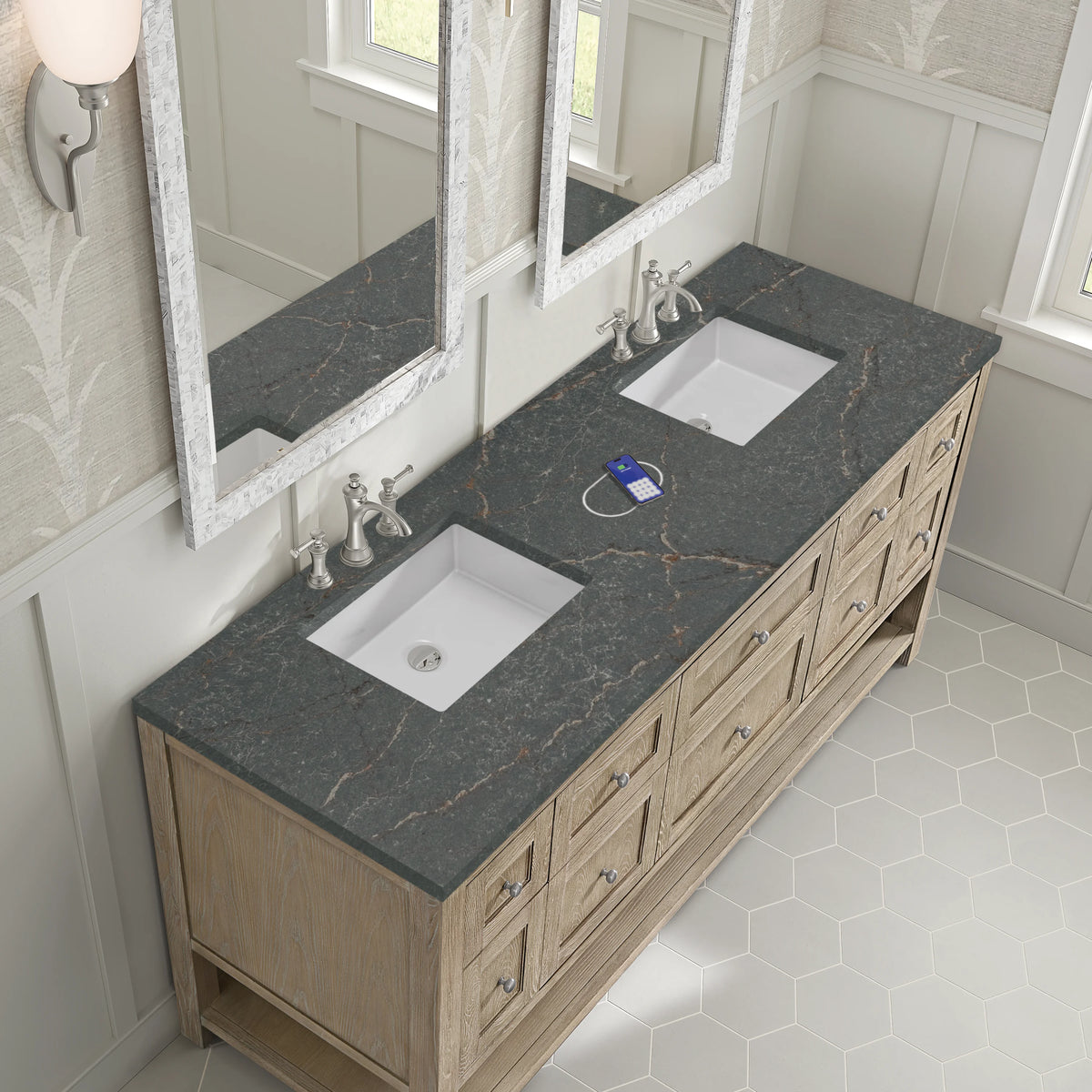Breckenridge 72" Double Vanity, Whitewashed Oak w/ 3 CM Parisien Bleu Silestone Top w/FreePower Wireless Charg, view 10