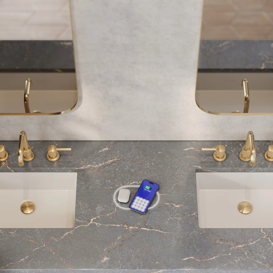 Breckenridge 72" Double Vanity, Whitewashed Oak w/ 3 CM Parisien Bleu Silestone Top w/FreePower Wireless Charger, view 2
