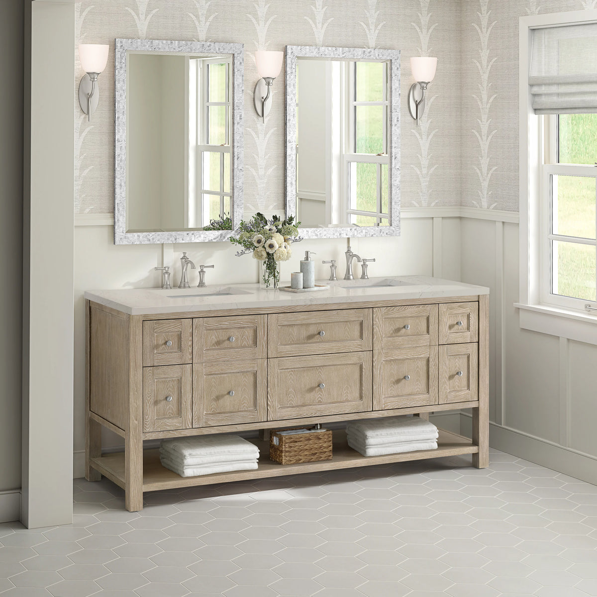 Breckenridge 72" Double Vanity, Whitewashed Oak, w/ 3 CM Siberian Silestone Top w/FreePower Wireless Charger, view 6