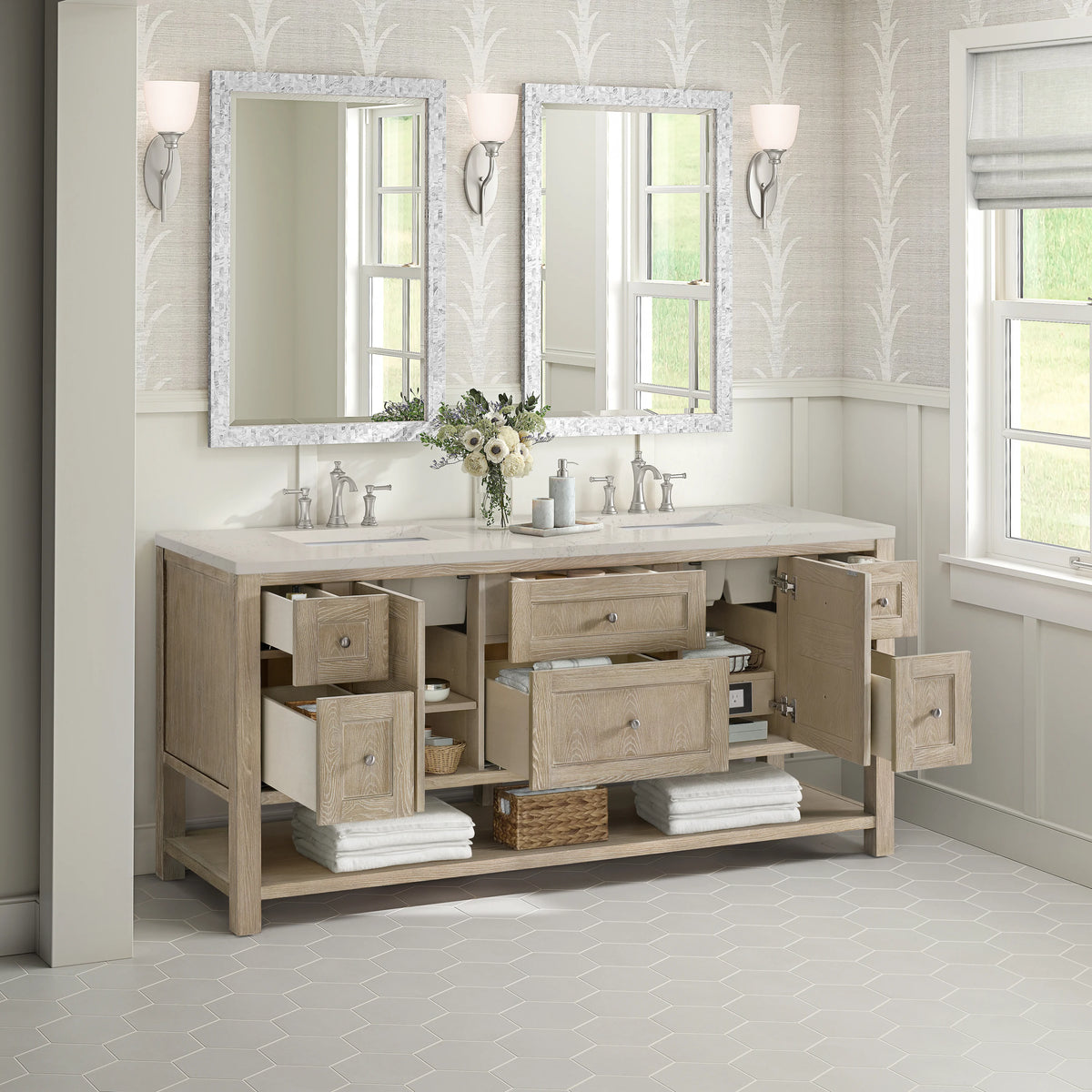 Breckenridge 72" Double Vanity, Whitewashed Oak, w/ 3 CM Siberian Silestone Top w/FreePower Wireless Charger, view 7