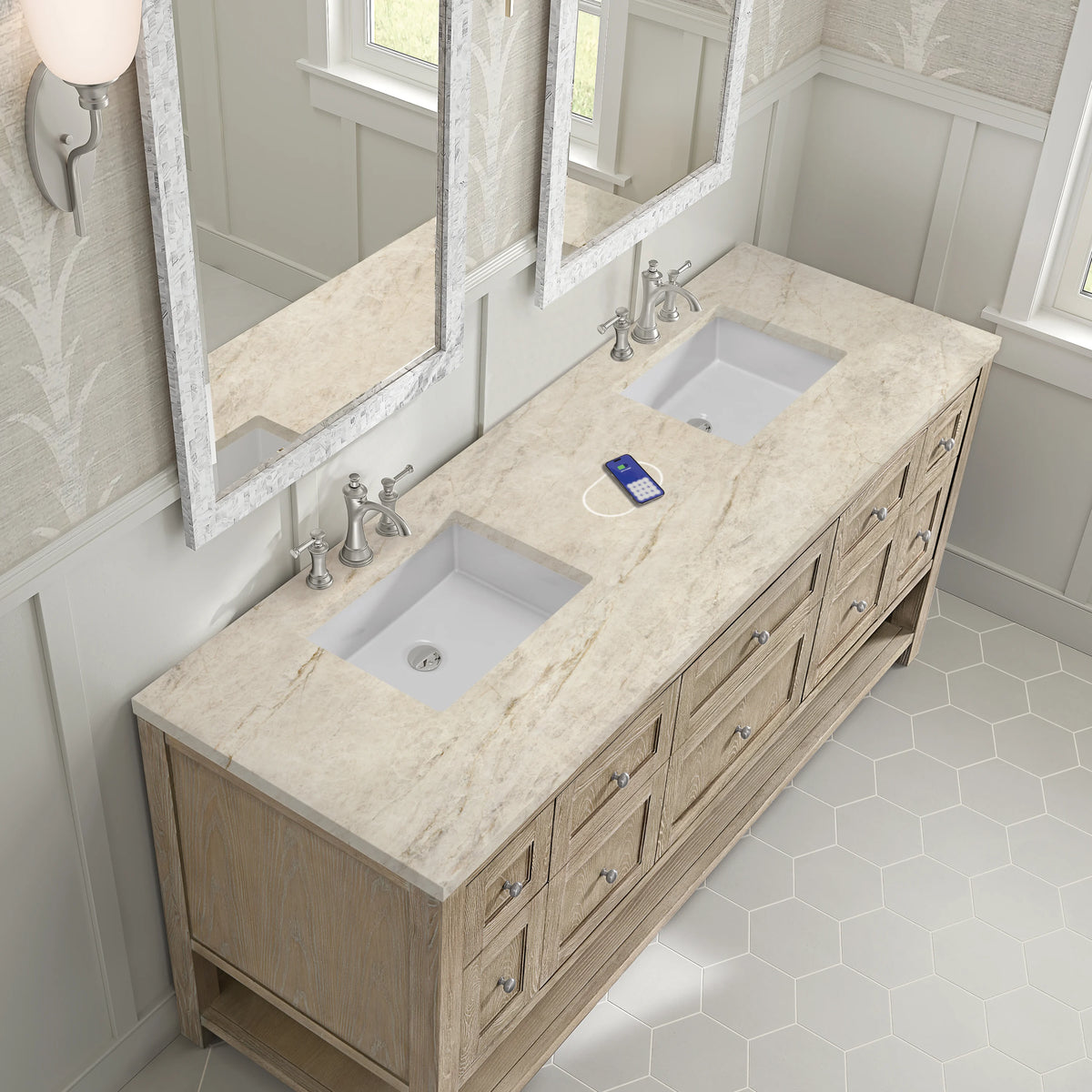 Breckenridge 72" Double Vanity, Whitewashed Oak, w/ 3 CM Tajnar Eclos Top w/FreePower Wireless Charger, view 9
