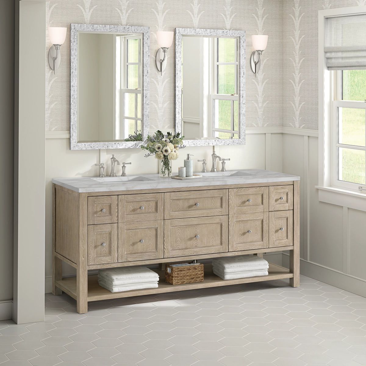 Breckenridge 72" Double Vanity, Whitewashed Oak w/ 3 CM Victorian Silver Silestone Top w/FreePower Wireless Cha, view 7